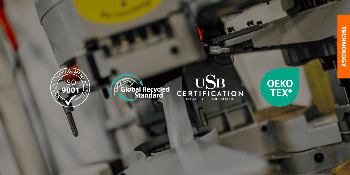 ISO 9001, GRS, and OEKO-TEX Certification Standards A close-up of a sock knitting machine with ISO 9001, OEKO-TEX, and GRS logos superimposed, highlighting our commitment to certified manufacturing standards.